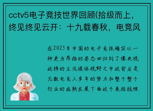 cctv5电子竞技世界回顾(拾级而上，终见终见云开：十九载春秋，电竞风华再绽央视荧屏)